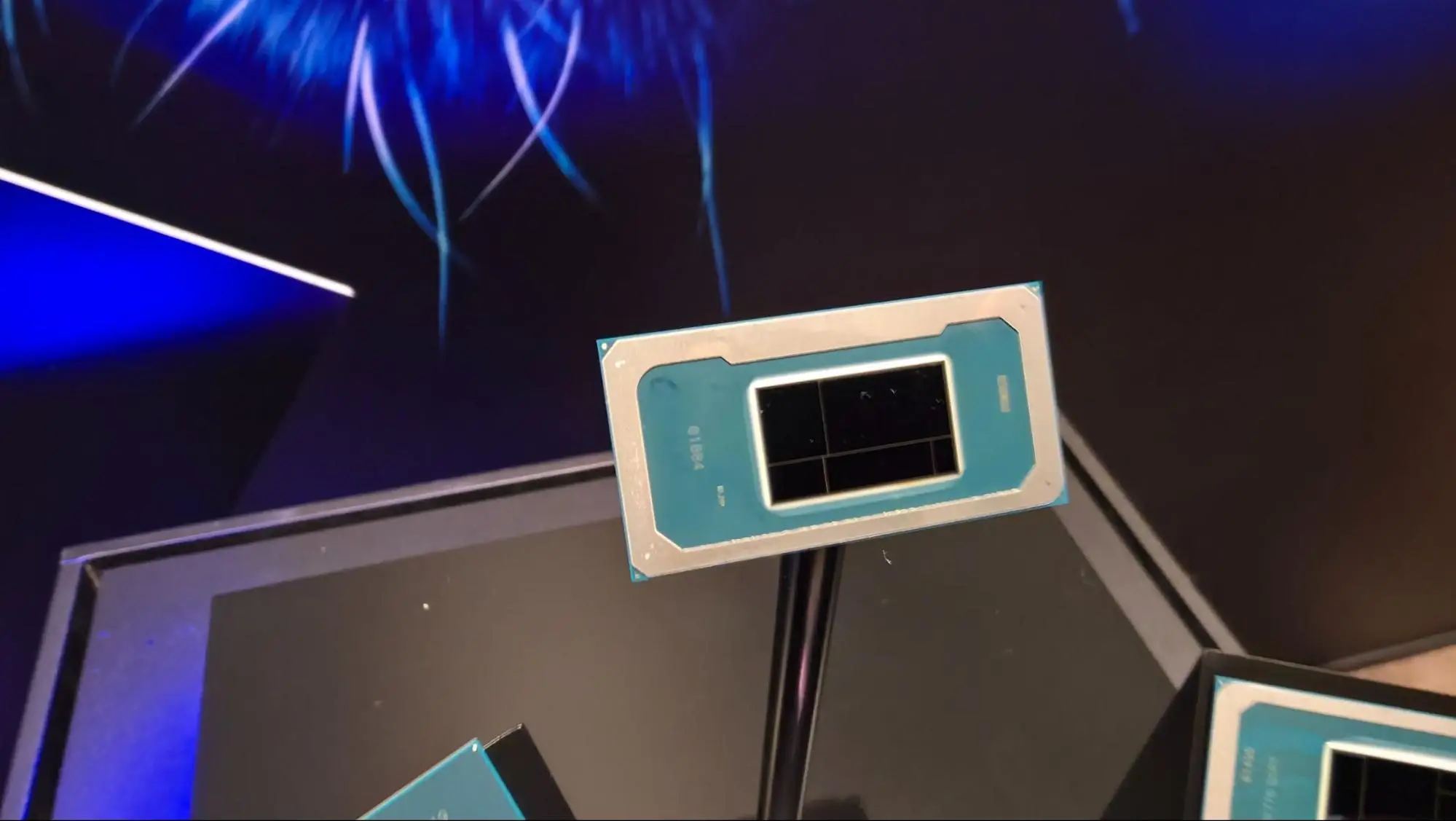Intel Panther Lake processor die displayed on stage during the CES 2026 announcement.